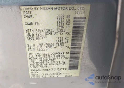 2014 Nissan Frontier Sv from USA, damaged, VIN 1N6AD0EV0EN712710